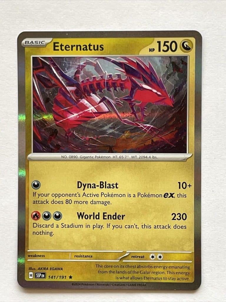 Test de la carte Pokémon Eternatus 141/191 en aluminium rare