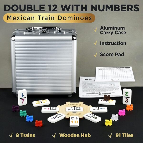 Queensell Dominos de train mexicain pour adultes – Ensemble de dominos avec chiffres pour jeux de société classiques – Ensemble de dominos numérotés doubles 12 pour jeux familiaux – Lot de 91 dalles
